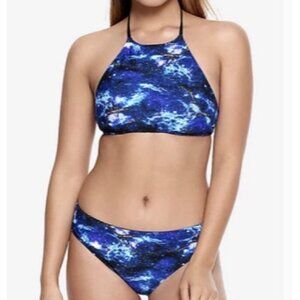 Hot Topic Small Galaxy Reversible Black Blue Halter Top Cheeky Bikini Bottoms